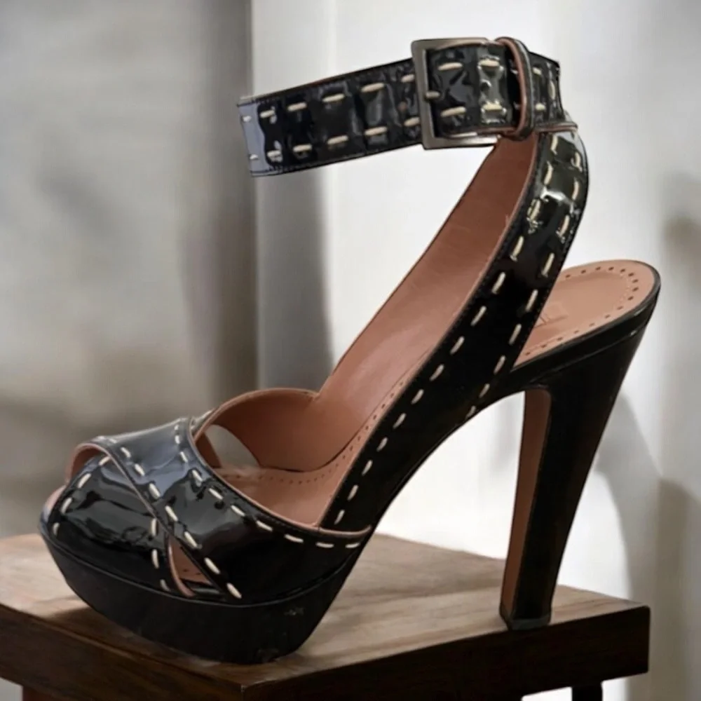 ALAIA Patent Leather Ankle Strap Platform Sandals 37